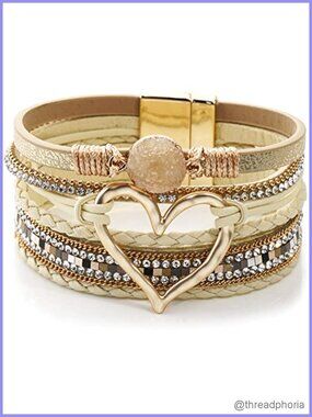 Multilayer Leather Wrap Bracelet Hollow Heart Design Boho Wide Cuff Women